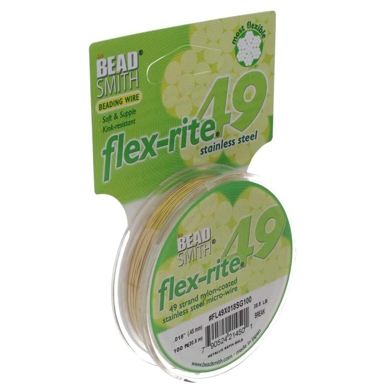 The Beadsmith Flex-Rite Wire – 49 Strand, Nylon Coated, Stainless Steel Beading Wire – Satin Gold Color, 018” Diameter, 100-foot Spool – Flexible Wire for Necklace, Bracelet and Jewelry Making